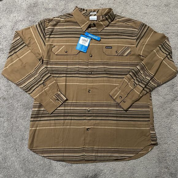 Columbia Flare Gun Stretch Flannel XL Button Up Stripe Long Sleeve Shirt Brown - Picture 3 of 9